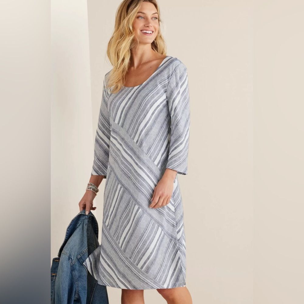 Soft Surroundings Sonya Linen Dress White/Blue Size M